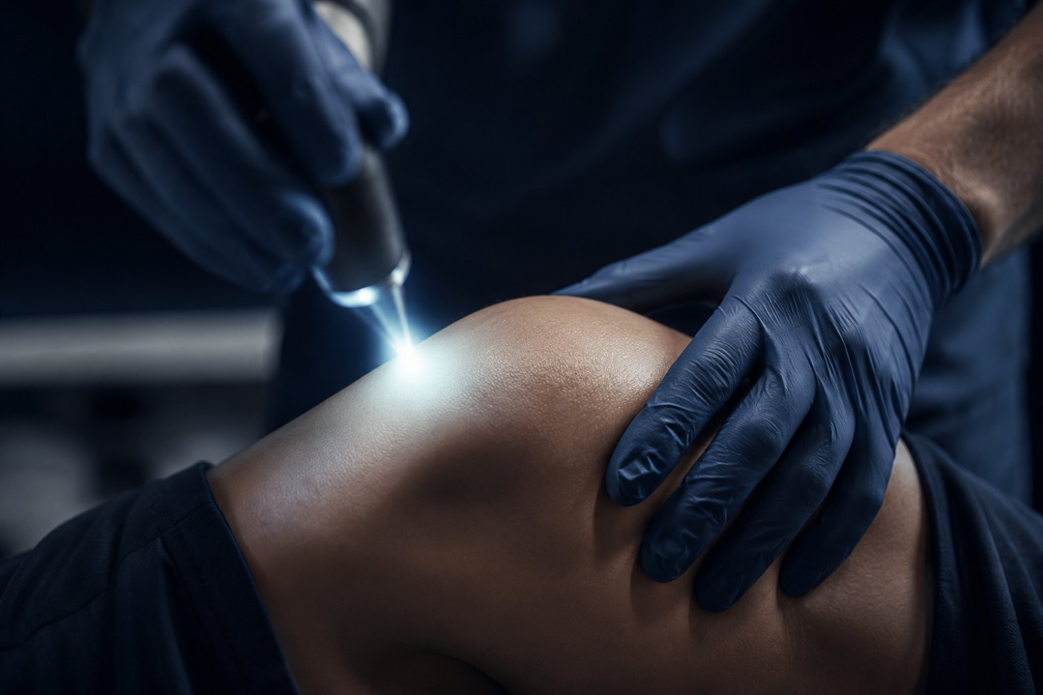 A clinician administers non-invasive therapeutic light to a patient's knee in a low-lit treatment setting